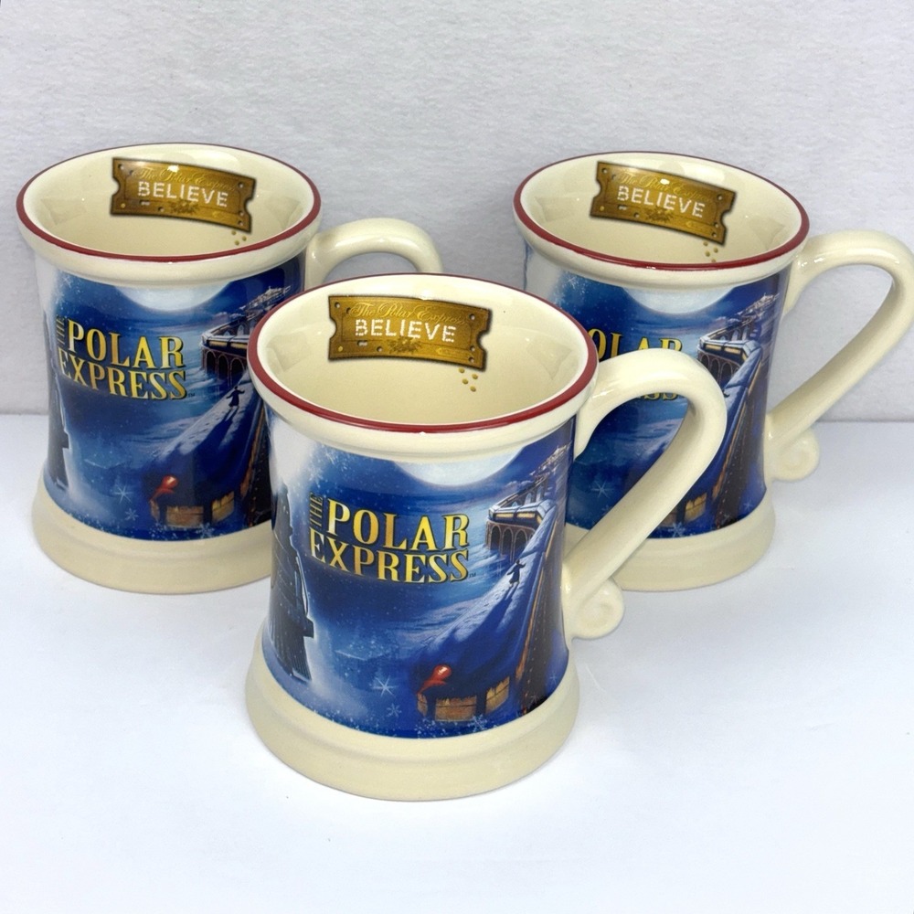 The Polar Express Ceramic Mug Set 3 Believe Ticket Christmas Cup Gift 4.5"